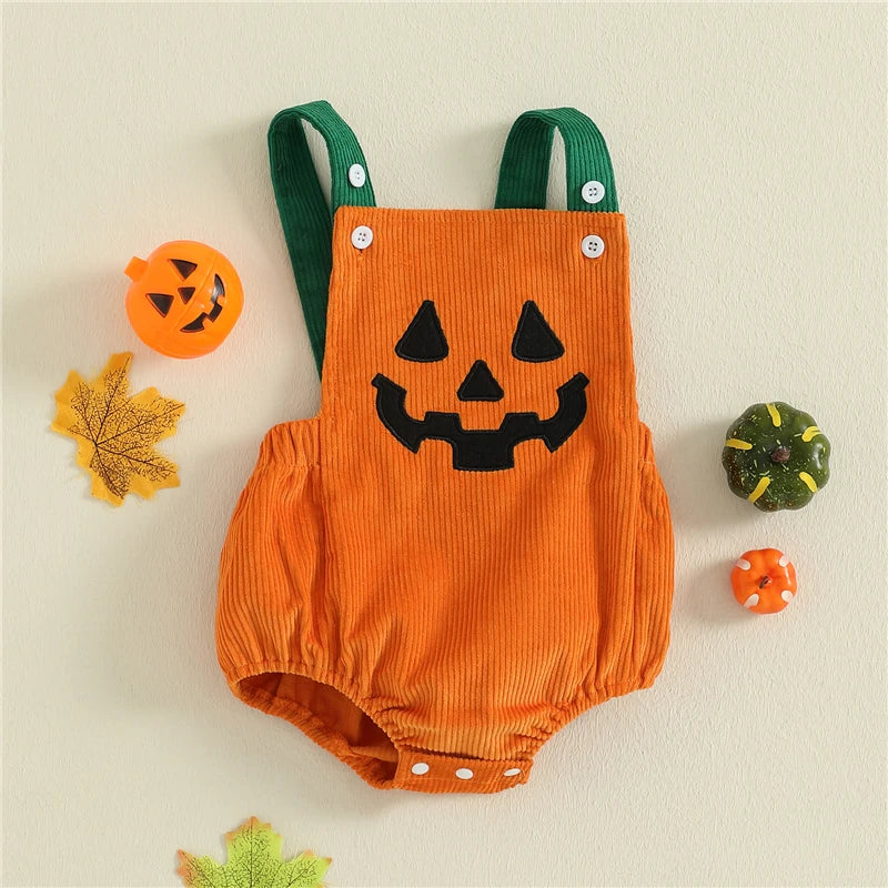 Halloween Romper – Pumpkin Face Sleeveless Overalls Jumpsuit for Newborn Toddler Boys & Girls 0-18M