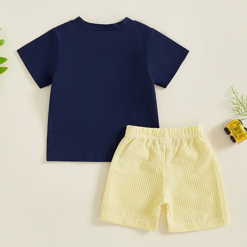 Toddler Baby Boy Outfit Set | Tractor Embroidery T-shirt + Striped Shorts 2Pcs (0–3Y)