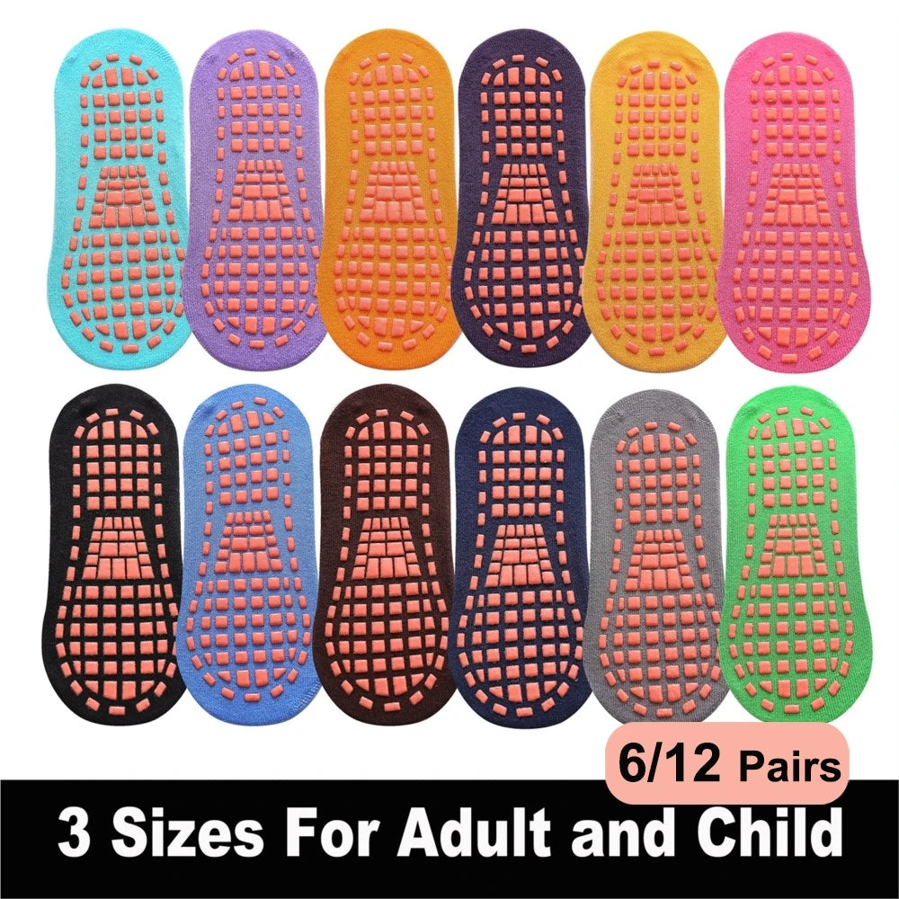 6/12 Pairs Anti-Slip Socks – Unisex Trampoline & Sports Grip Socks for Kids and Adults