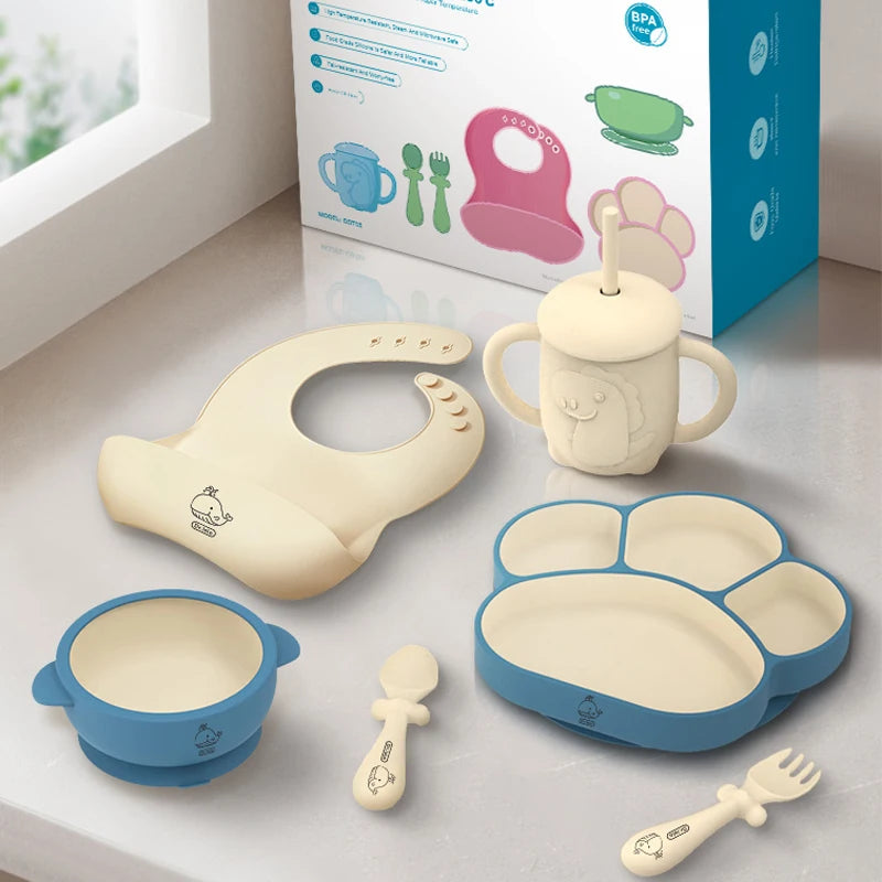 Premium Quality 6PCS Set Children's Dishes Set – Baby Silicone Tableware, Suction Bowl, Bib, Cup, Fork & Spoon Set – BPA-Free