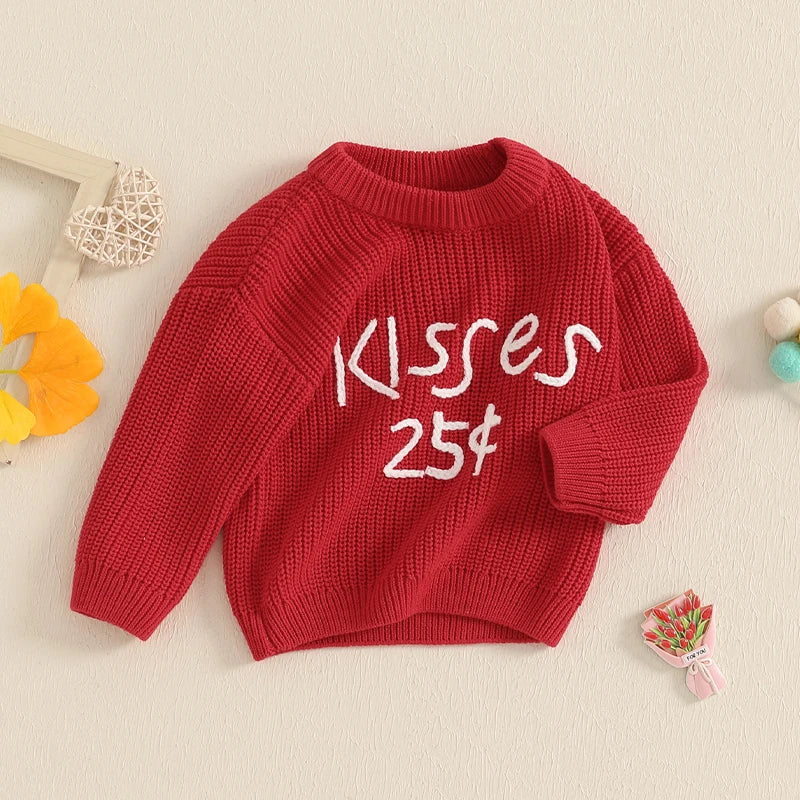 Toddler Girls Sweater – Valentine’s Day Letter Embroidery Crew Neck Pullover 💖