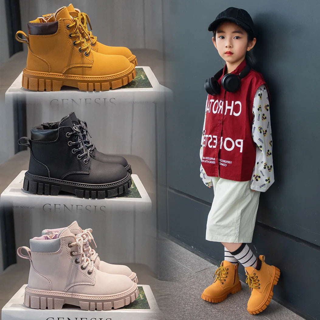 Trendy Kids Short Boots – Waterproof PU Leather, Non-Slip British Style Side Zipper Boots for Boys & Girls