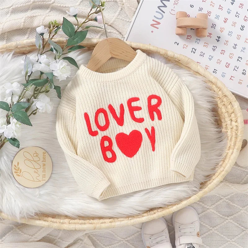 Baby Boy Sweater – Long Sleeve Knit Pullover with Heart & Letter Embroidery