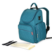 Teal backpack with accessories on a white background, featuring the brand 'insular'.