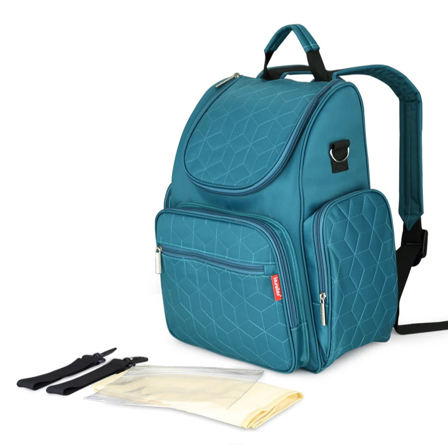 Teal backpack with accessories on a white background, featuring the brand 'insular'.