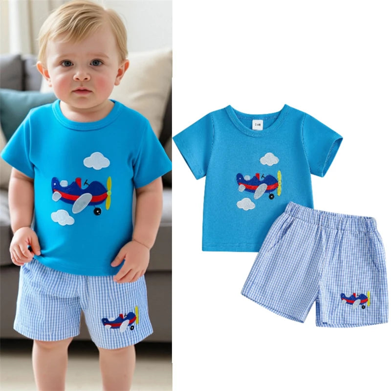 Baby Boys Summer Outfit – Airplane Embroidery T-Shirt & Plaid Shorts 2-Piece Set