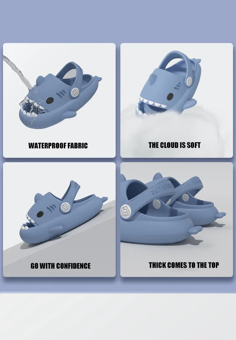 Blue shark-shaped shoes with text highlighting features on a light blue background