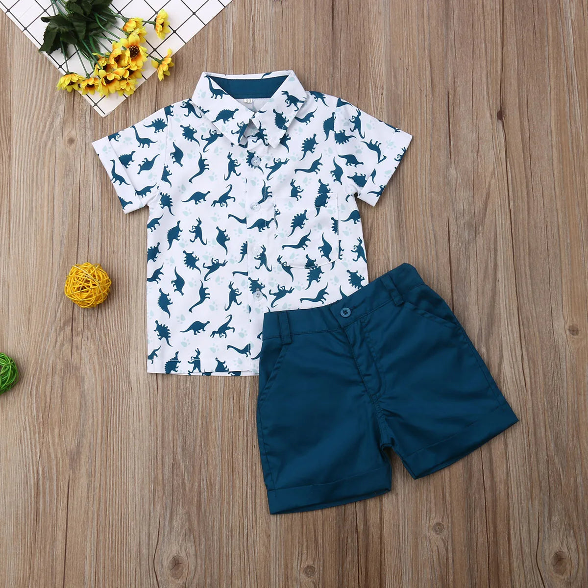 Baby Boy Dinosaur Outfit | Short Sleeve Cartoon Print Lapel T-shirt + Solid Shorts 2Pcs Set (1–6Y)
