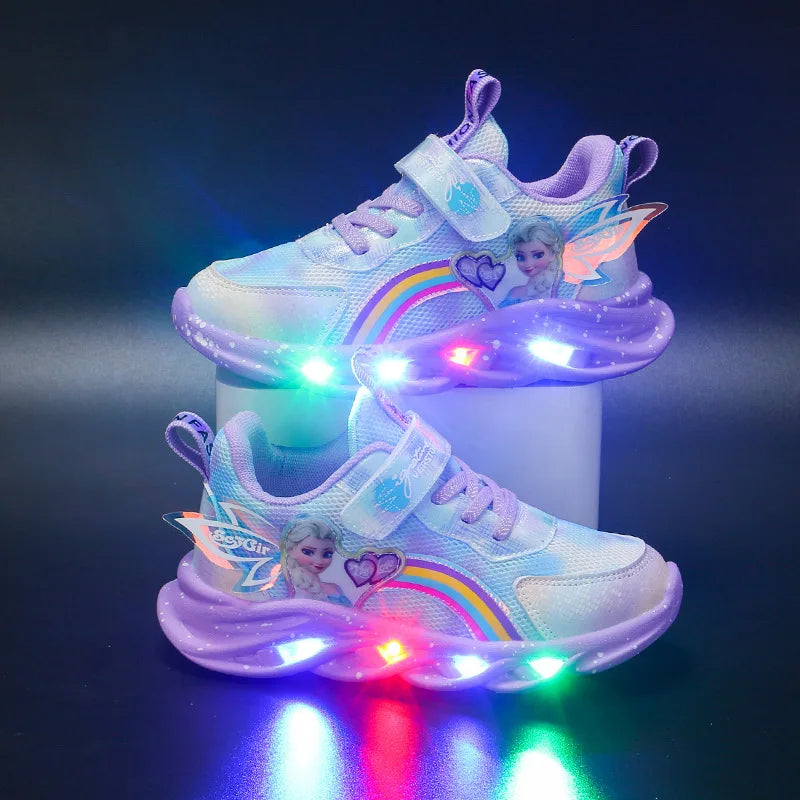 Princess Girls LED Light-Up Sneakers – Pink & Purple Breathable Mesh Sport shoes