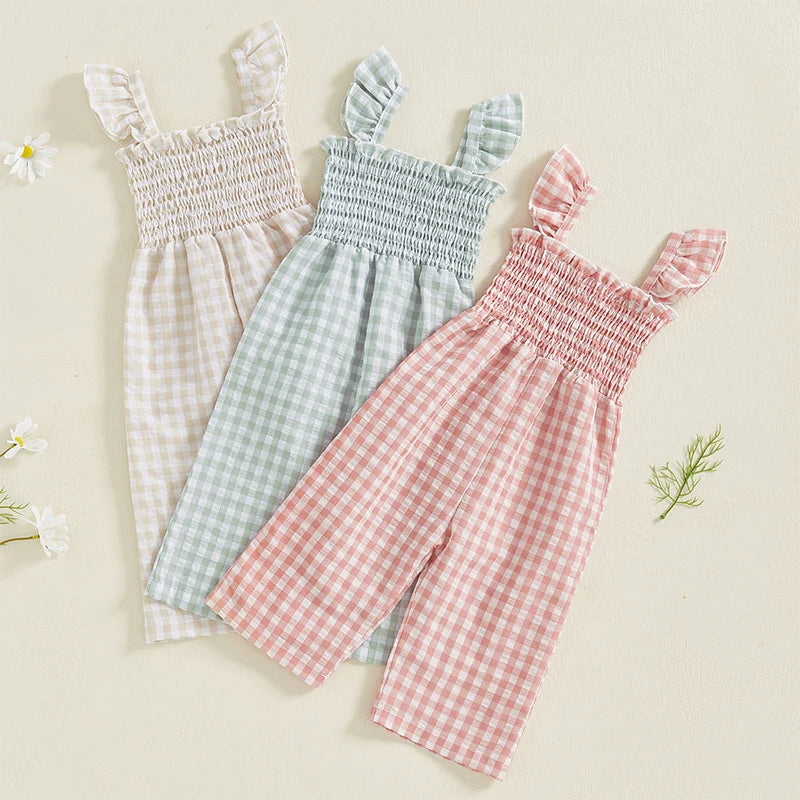 Baby Girl Plaid Sleeveless Romper – Ruffle Suspender Jumpsuit Outfit (6M–4Y)
