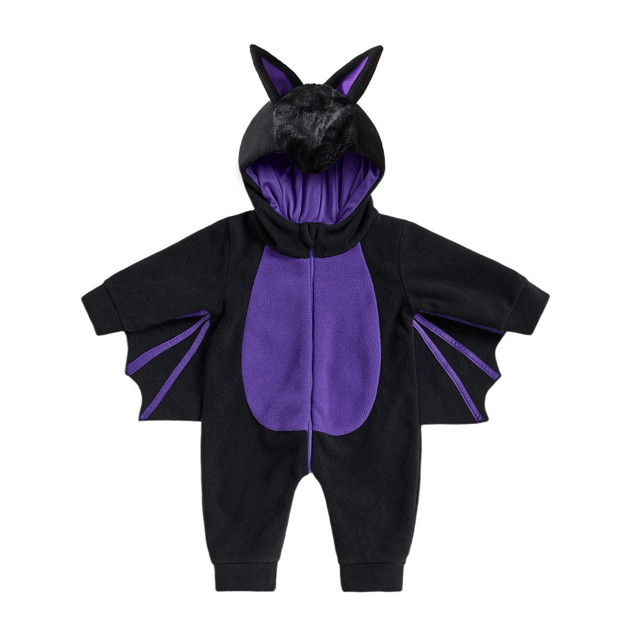 Baby Bat Halloween Costume Romper – Plush Wing & Ear Hooded Zip-Front Long Sleeve 3-24M