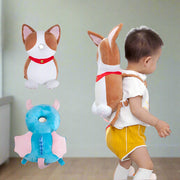Child wearing a plush dog backpack with Housbay branding