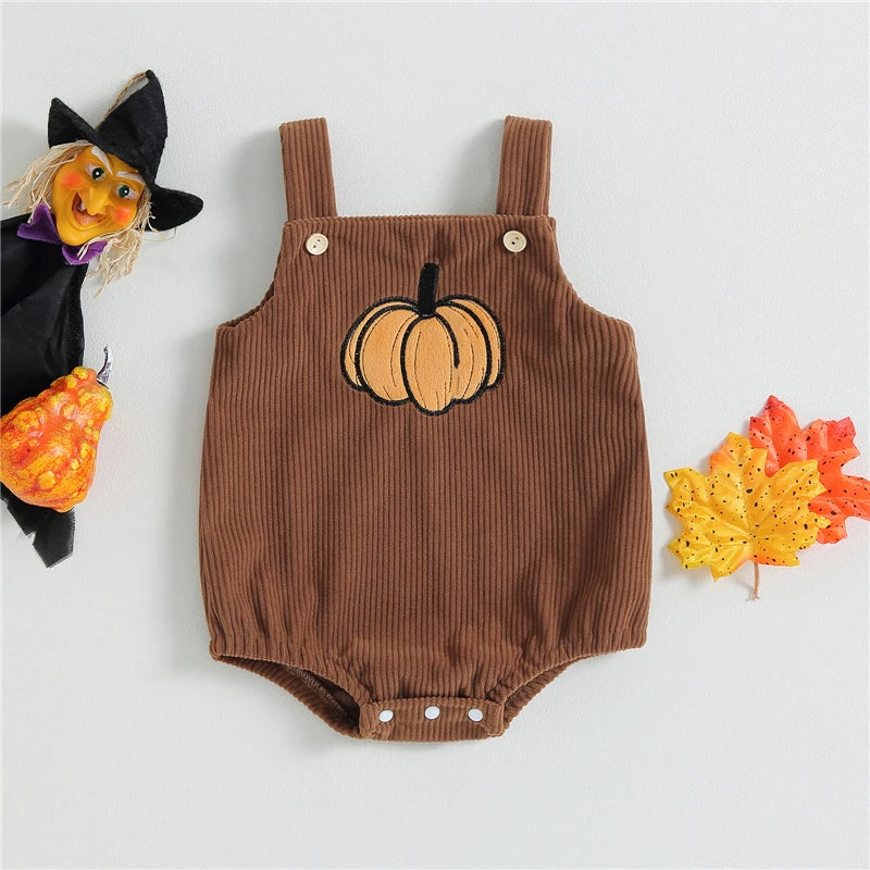 Newborn Baby Halloween Romper – Corduroy Sleeveless Jumpsuit with Pumpkin, Witch Hat & Ghost Print 0-18M