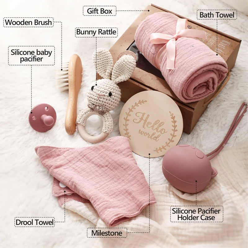 Baby Bath Set with Pacifier, Milestone Cards, Wooden Rattle & Towel | Perfect Newborn Gift