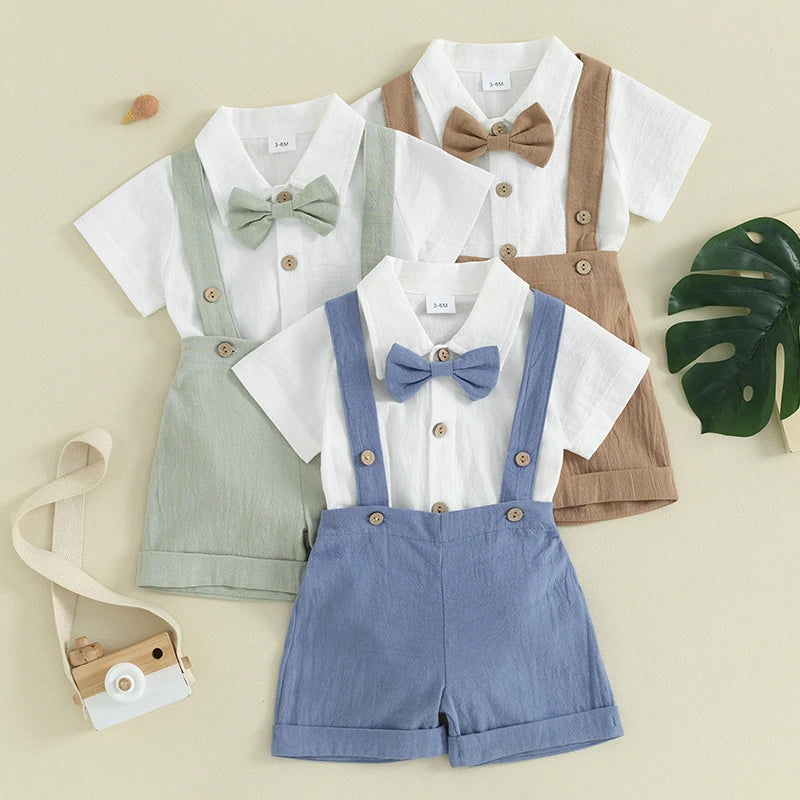 Baby Boy Gentleman Outfit – Short Sleeve Romper with Bow Tie & Overalls Shorts Set for 0–24 Months