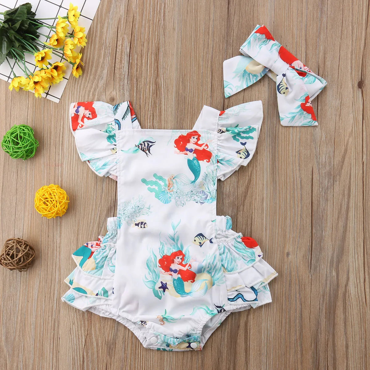 Newborn Baby Girl Mermaid Romper – Summer Ruffle Sleeve Backless Jumpsuit with Headband | Soft Cotton Outfit