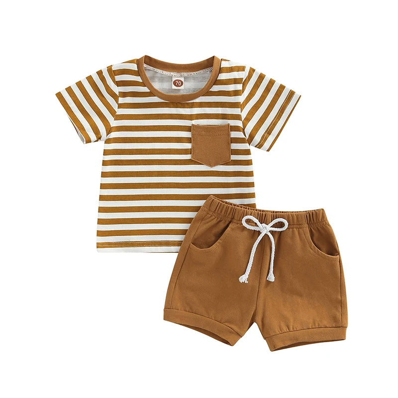 Toddler Baby Boy Outfit | Striped Short Sleeve T-Shirt + Elastic Waist Shorts 2Pcs Set (0–3Y)