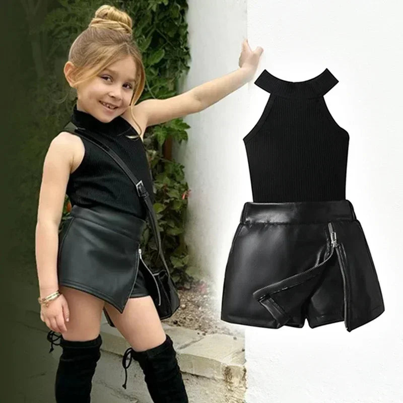 Little Girl Summer Outfit – Ribbed Sleeveless Tank Top + Leather Zipper A-Line Skorts 2-Piece Set (1–6 Years)