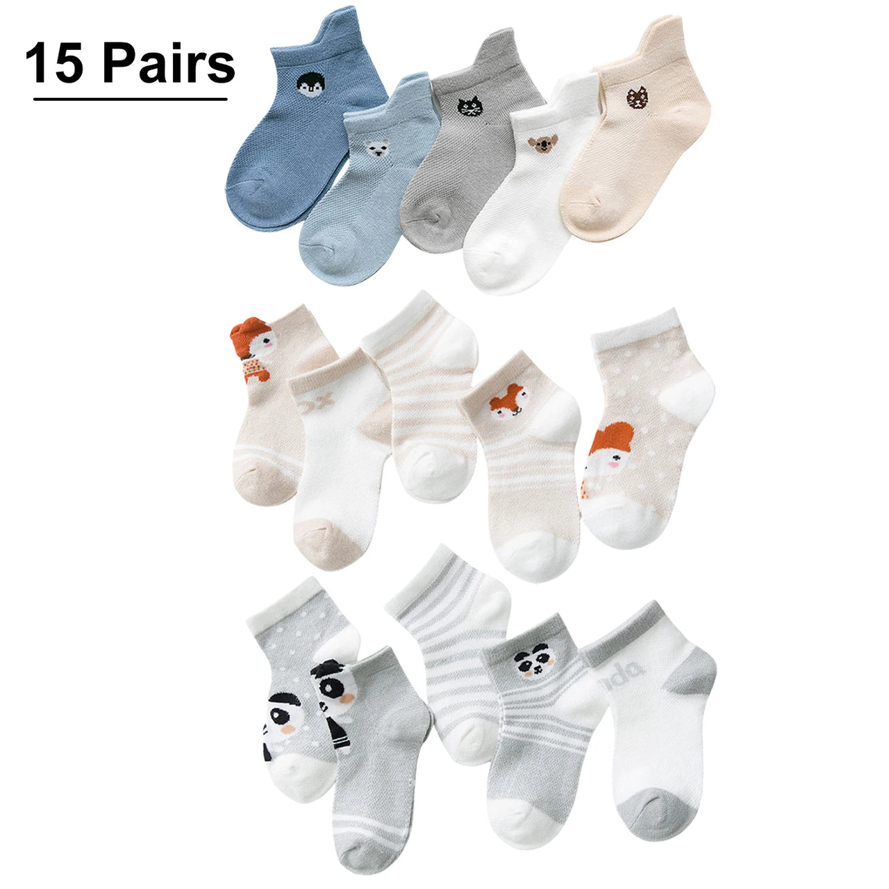 15 Pairs Baby Socks – Cotton Mesh Cartoon Socks for Newborns & Toddlers (Unisex | 1–3 Years)