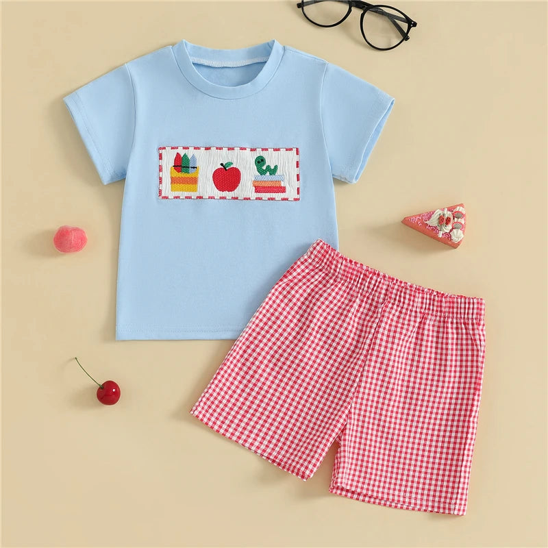 Toddler Baby Boy Back to School Outfit | Apple Embroidery T-Shirt + Plaid Shorts 2Pcs Set (18M–6Y)