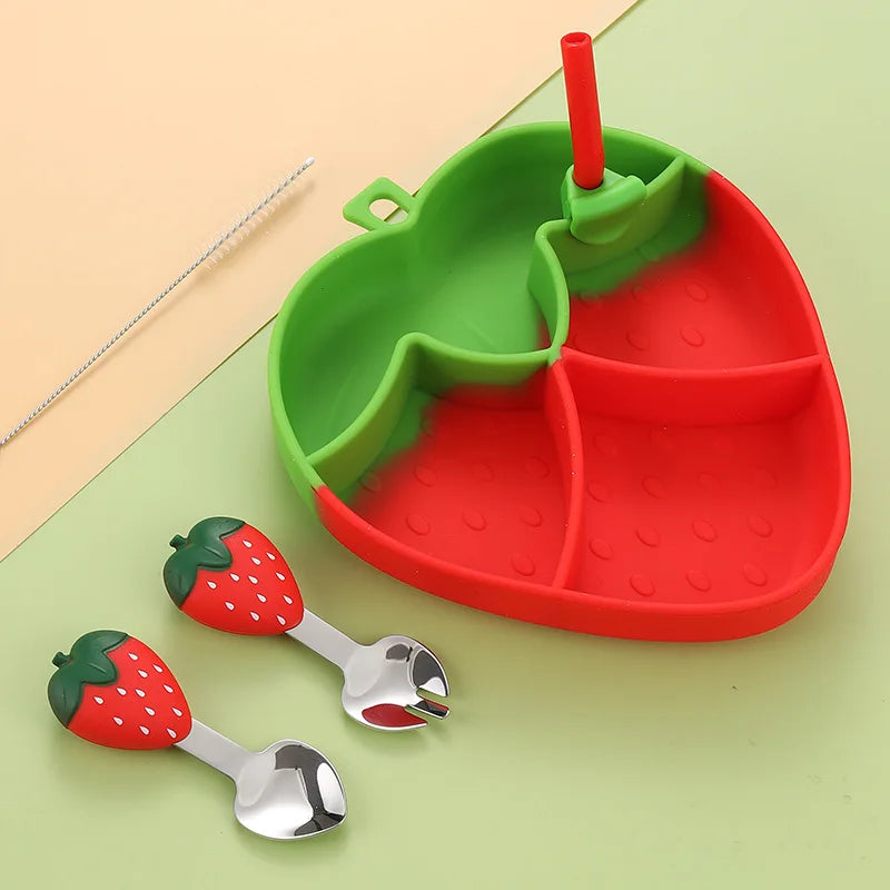 Strawberry Baby Silicone Suction Plate – Cartoon Toddler Feeding Dish | BPA-Free, Non-Slip, Baby-Led Weaning Tableware