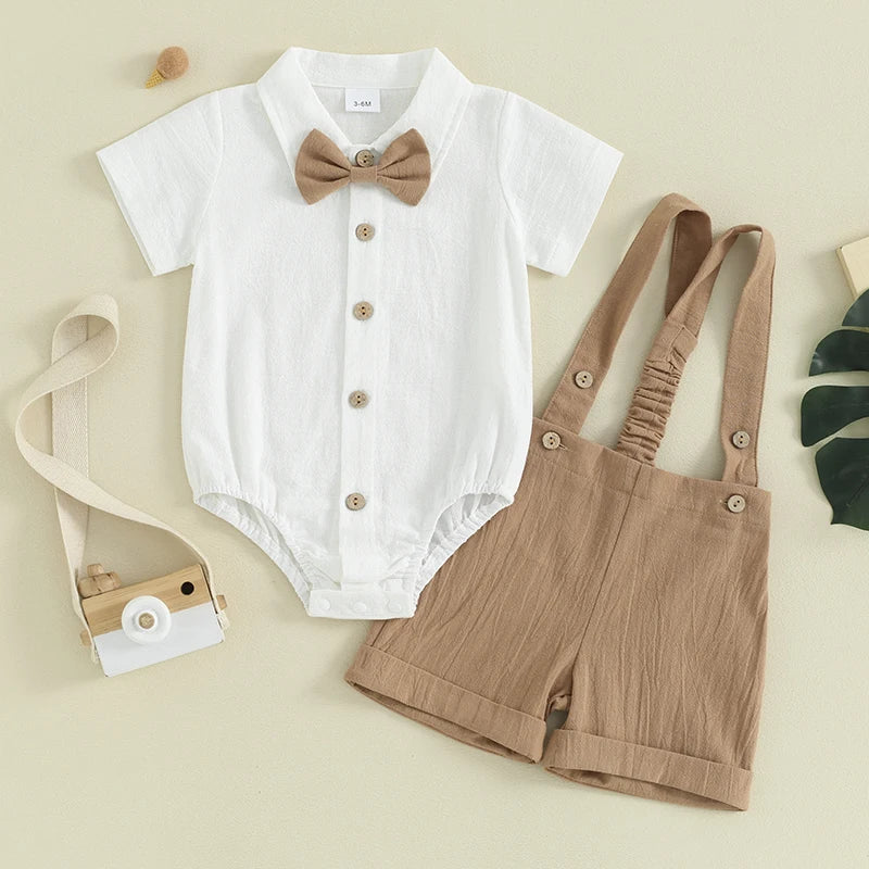 Baby Boy Gentleman Outfit – Short Sleeve Romper with Bow Tie & Overalls Shorts Set for 0–24 Months