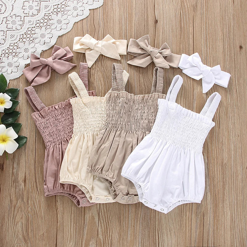 Infant Baby Girl Romper Outfit – Ruched Sleeveless Summer Bodysuit with Headband | Soft Cotton Newborn Jumpsuit