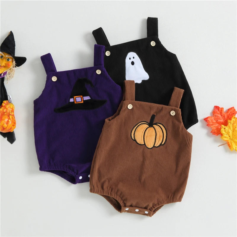 Newborn Baby Halloween Romper – Corduroy Sleeveless Jumpsuit with Pumpkin, Witch Hat & Ghost Print 0-18M