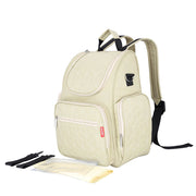 Beige backpack with accessories on a white background, featuring the 'insular' brand.