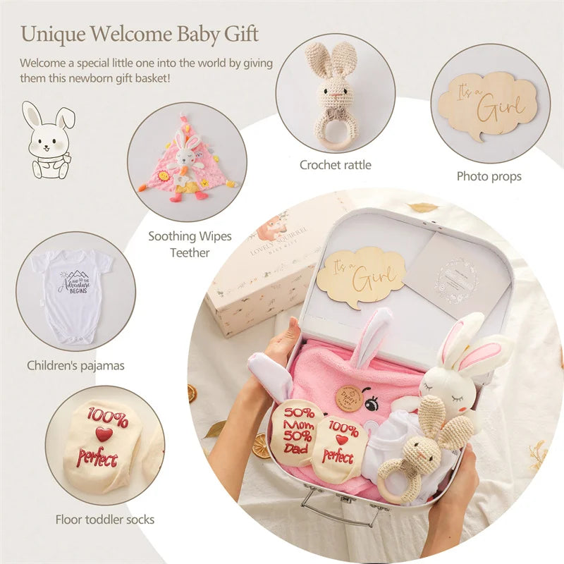 Baby Double-Sided Cotton Blanket & Newborn Milestone Cards Gift Set | Crochet Rattle Toy & Bath Set | Perfect Birth Gift for Baby