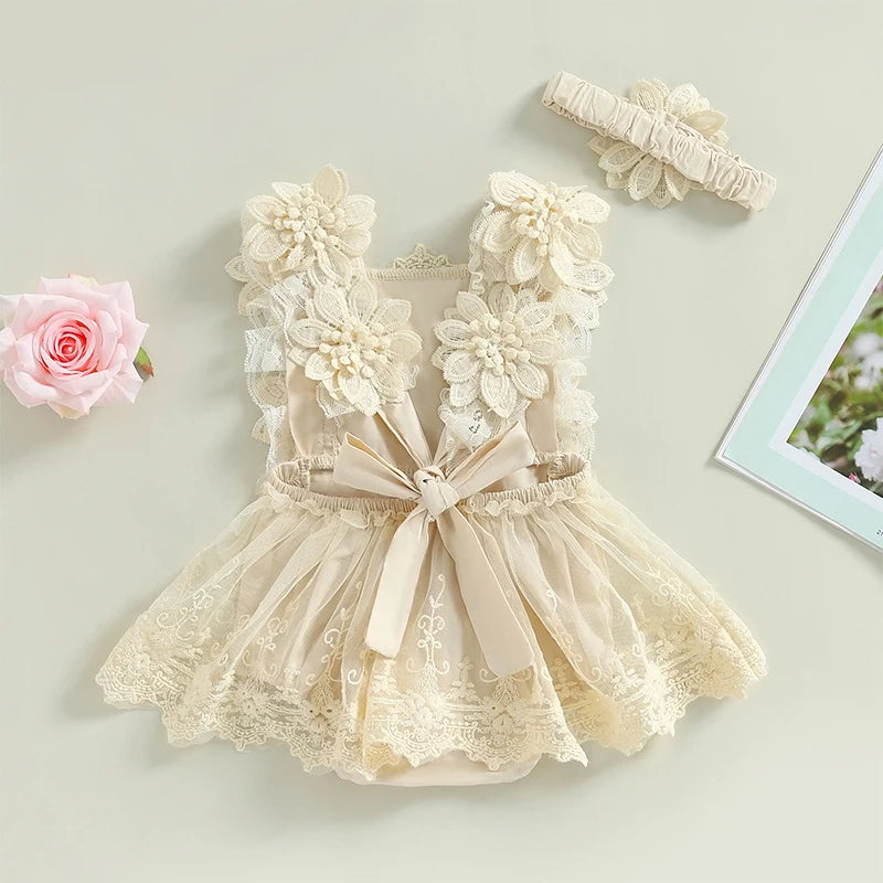 Infant Baby Girl Dress – Floral Lace Sleeveless Summer Dress with Headband for 0–18 Months