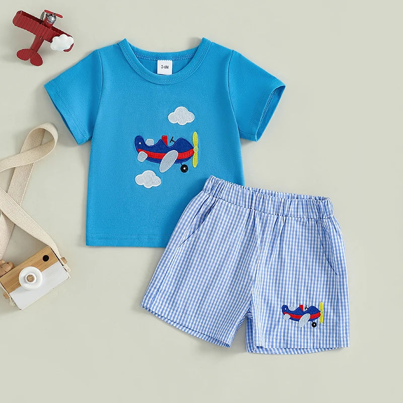 Baby Boys Summer Outfit – Airplane Embroidery T-Shirt & Plaid Shorts 2-Piece Set