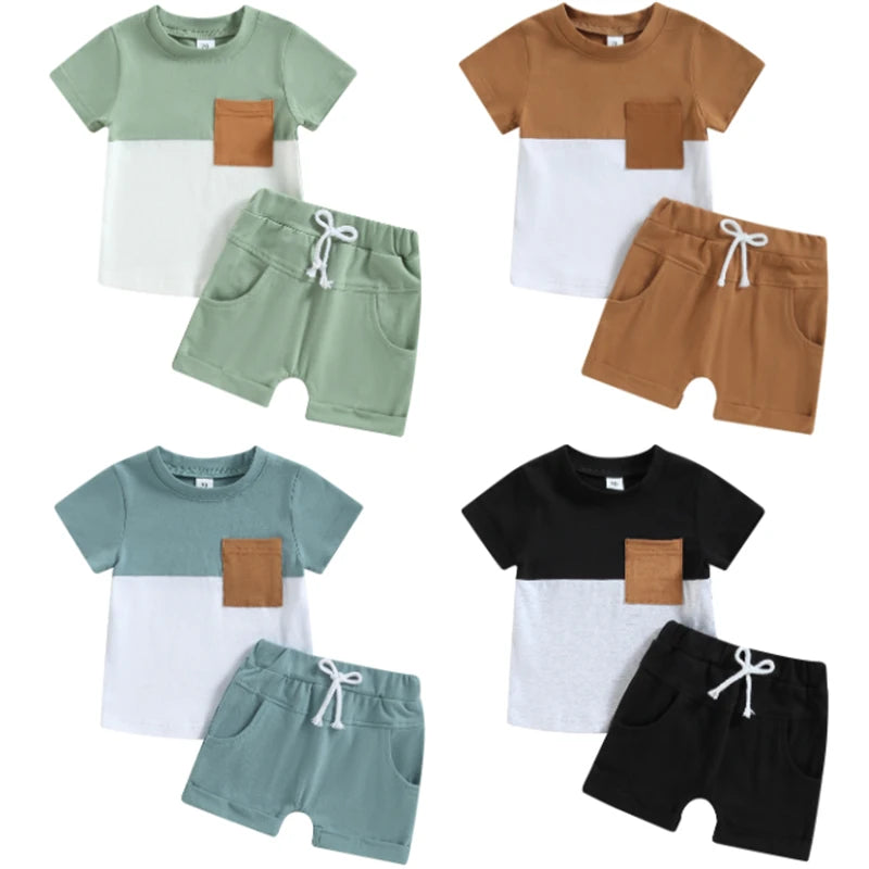 Toddler Baby Boys Outfit Set | Short Sleeve Contrast Color Top + Drawstring Shorts (0–5Y)