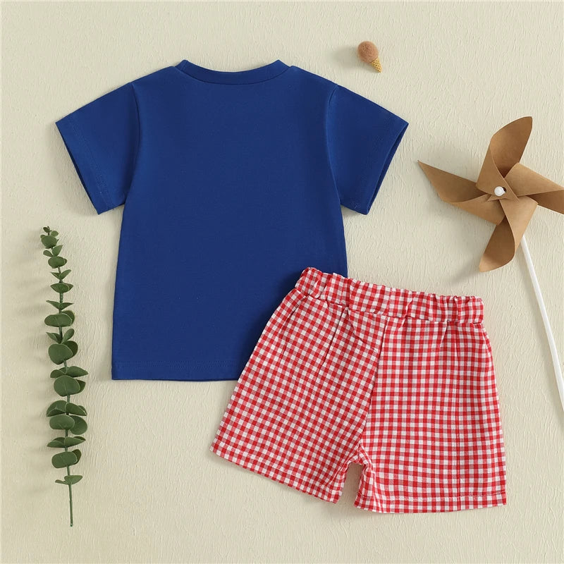 Baby Boys Summer Outfit – Tool Embroidery T-Shirt & Plaid Shorts 2-Piece Set