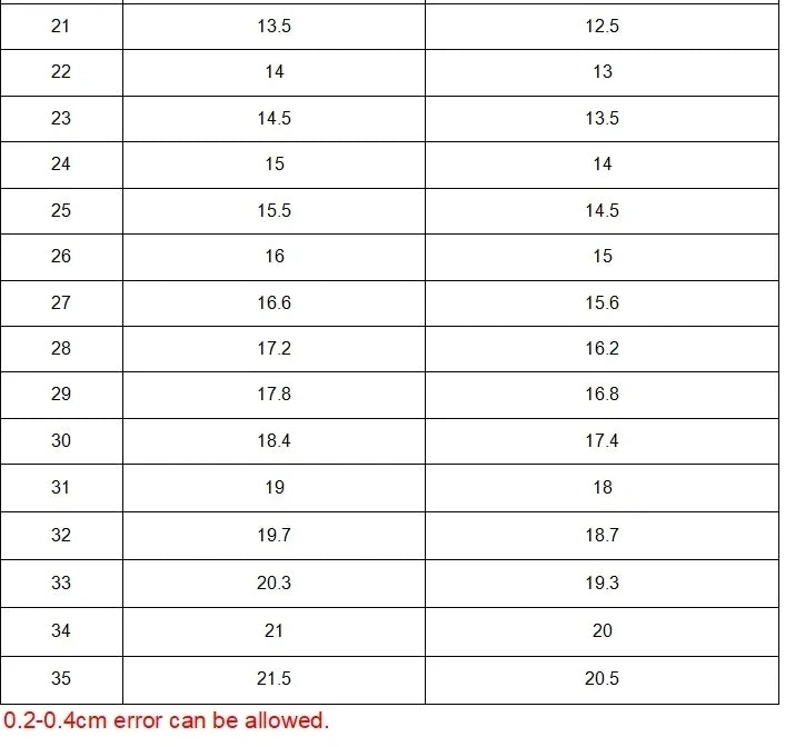 Table with measurements in centimeters on a white background