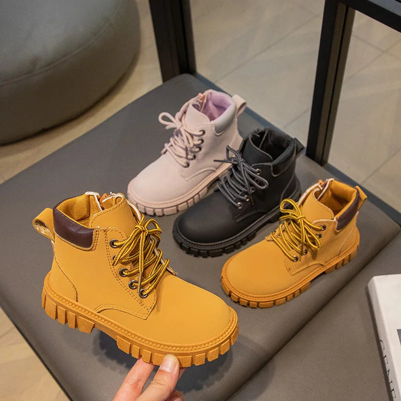 Trendy Kids Short Boots – Waterproof PU Leather, Non-Slip British Style Side Zipper Boots for Boys & Girls
