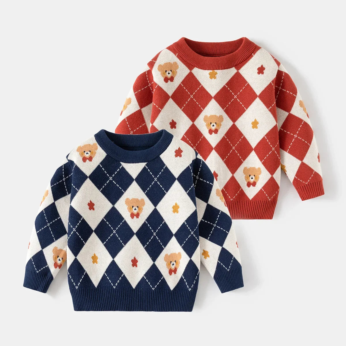 Warm Pullover Sweater for Kids – Cartoon Bear Diamond Pattern Knitwear