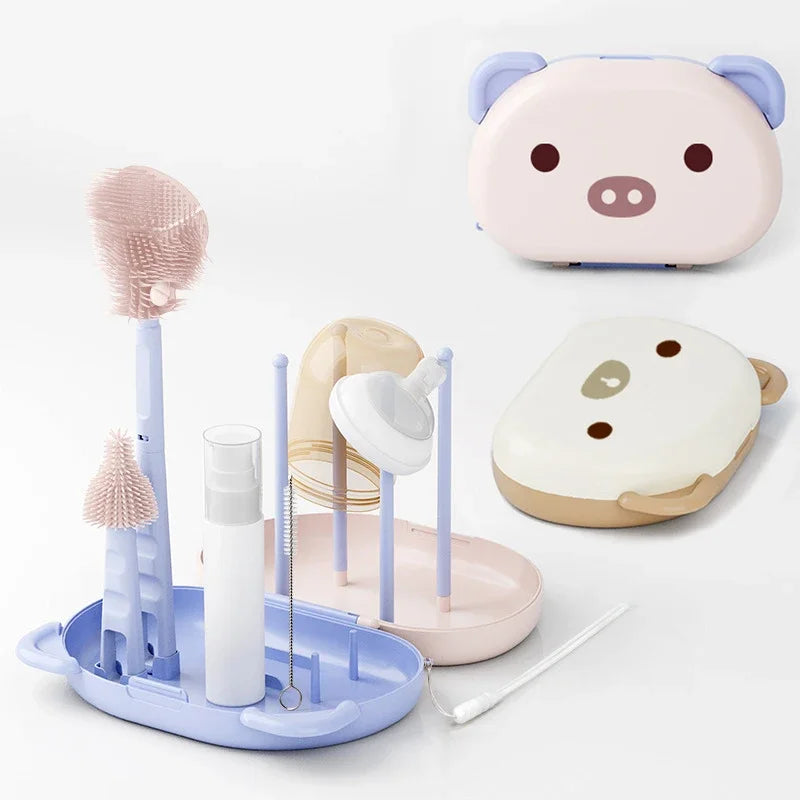 Baby Bottle Cleaner Brush Set – Travel Size with Drying Racks, Silicone Cleaning Brush, Straw Cleaner Kit, Soap Dispenser Organizer Case – BPA-Free