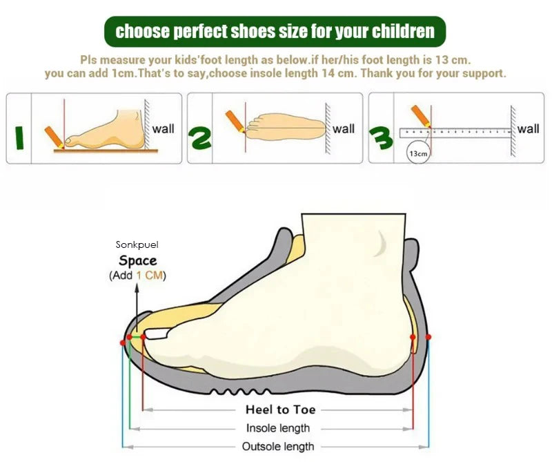 Diagram for choosing the perfect shoe size for children, showing foot measurement and shoe dimensions.