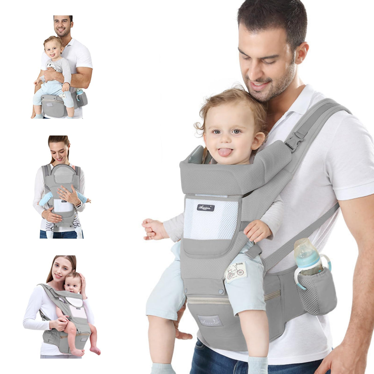 6-in-1 Adjustable Baby Carrier with Hip Seat – 11.8–15.7in Adjustable Height, Breathable Mesh & Multi-Position Carry for Newborn to 36 Months (Grey)