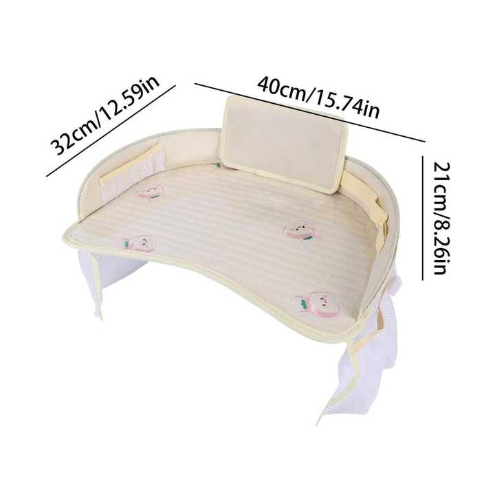 Kids Car Seat Travel Tray - Waterproof Lap Desk with Storage Pockets (Beige bunny - Round)