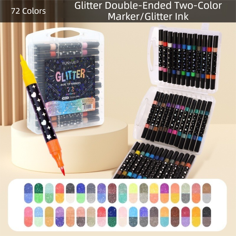 36 Pack Dual-Tip Glitter Flash Marker Pens - 72 Color Soft Brush & Fine Tip Set, Watercolor Drawing Stationery for Art & Craft